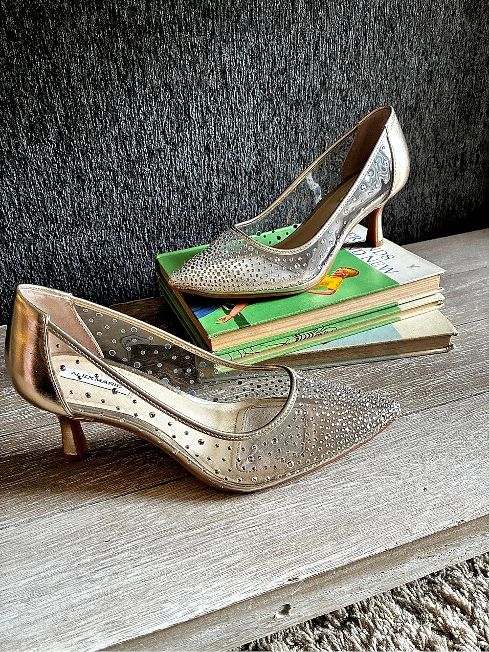 Alex Marie Amelie Clear Rhinestone Pumps In Gold With Pointed Toe